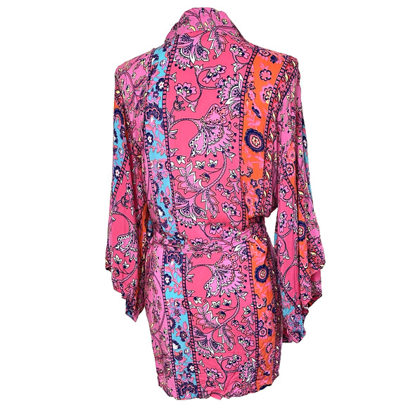 Josie NATORI‎ Pink Multi Hollywood Boho Wrap/Robe Size M Kimono Sleeves - Picture 2 of 9